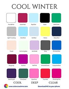 True Winter Clothing, Palette Winter Cool, Winter Pallet Outfits, Cool Winter Color Analysis, Winter Color Palette Analysis, Cool Winter Hair Color Palette, Cool Winter Outfits Palette, Winter Colors Palette, True Winter Color Palette Outfits