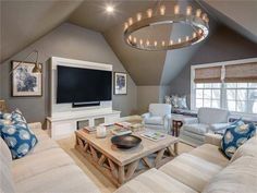 a living room filled with furniture and a flat screen tv on top of a wooden table