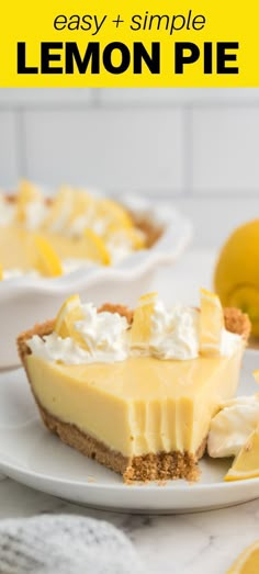 a slice of lemon pie on a plate with the rest of the pie in the background