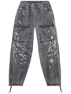 grey cotton denim stonewashed sequin embellishment elasticated waistband two side inset pockets two front cargo pockets straight leg elasticated ankles Diesel Pants, Sequin Pants, Formal Loafers, Sweatpants Shorts, Jeans Grey, Diesel Jeans, Blazer Vest, Short Leggings, Jean Grey