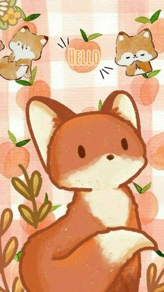 an image of a cute fox on a checkered tablecloth with flowers and leaves