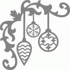 three ornaments hanging from a branch with leaves and snowflakes on them, all in grey