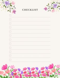 a checklist with flowers and leaves on the border, in pinks and purples