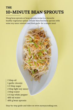 the 10 minute bean sprouts recipe is shown in a white bowl on a yellow background