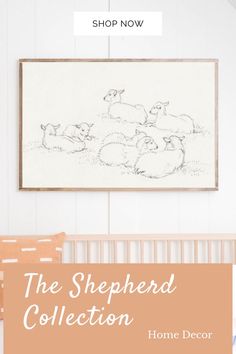 a baby crib with sheep in it and the text, the shepherd collection home decor