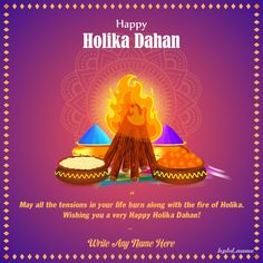 happy holika dahan with fire and colorful decorations on purple background for diwaling