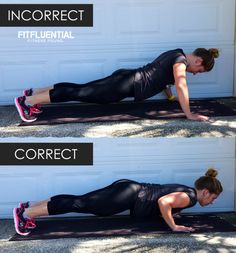 a woman is doing an exercise on a mat in front of a garage door with the words correct and correct