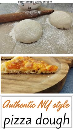 three different pictures with the words authentic my style pizza dough on them and an image of two pieces of pizza