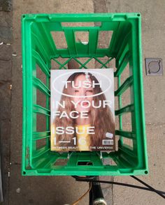 a green shopping cart with a poster on the front and back of it that says flush in your face issue