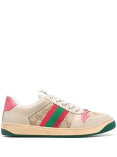 ecru/multicolour calf leather GG Supreme canvas signature Web-stripe trim colour-block panelled design round toe logo patch at the tongue contrasting branded heel counter padded ankle branded leather insole full lining contrasting rubber sole front lace-up fastening Gucci Screener, Gucci Mens Sneakers, Beige And Pink, Gucci Sneakers, Gucci Designer, Gucci Kids, Gucci Eyewear, Gg Logo, Buy Gucci