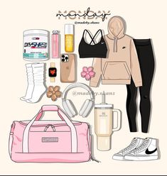 a woman's clothing and accessories are arranged in the shape of a bag, purse, sneakers, mugs, water bottle, coffee cup, headphones