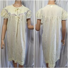 1960s nursing maternity nightgown by Barbizon. Pastel yellow with lace trim. Opens at the neck with a bow and opens at the chest with two snap buttons. Opening from neck down is 9 inches. Nightgown is very lightweight and cool Fabric content tag is faded, but it contains polyester, cotton, and nylon.  One small stain on the shoulder seam, otherwise excellent condition  Measurements are approximate: Bust- 45 inches Waist- 52 inches Hips- 52 inches Length- 36 inches Please read all measurements ca Retro Lace Trim Sleepwear For Spring, Vintage Nightgown With Lace Trim For Bedtime, Retro Sleepwear With Lace Trim For Bedtime, Vintage Sleepwear For Hospital Use, Yellow Summer Nightgown For Sleep, Retro Spring Sleepwear With Lace Trim, Cream Vintage Nightgown For Bedtime, Vintage Cream Nightgown For Bedtime, Retro Lace Trim Nightgown For Sleep