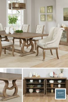 a dining room table and chairs with white upholstered chairs in front of it