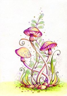 a drawing of three mushrooms in the grass