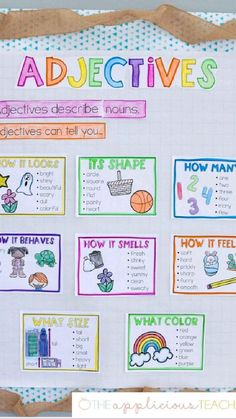 a bulletin board with the words adjective's on it and pictures in different colors