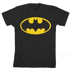 It doesn’t get more classic than this youth black graphic tee. The Bat Signal tee features a big, colorful graphic that has been professionally printed to ensure long-lasting print quality. The Batman fan apparel is an apt black, and has short sleeves for comfort and style in any weather. The classic comic book apparel is made of 100percent preshrunk cotton jersey. It can be machine washed in cold water with like colors, then tumble dried for easy care. As an officially licensed product, this Ba Pop Culture Black T-shirt For Fan Merchandise, Black Pop Culture T-shirt For Fan Merchandise, Retro Black T-shirt With Front Print, Black Fan Apparel T-shirt With Logo Print, Pop Culture T-shirt With Logo Print, Black Short Sleeve T-shirt Pop Culture, Black T-shirt With Front Print For Fans, Retro Black Tops With Graphic Design, Retro Black Top With Graphic Design