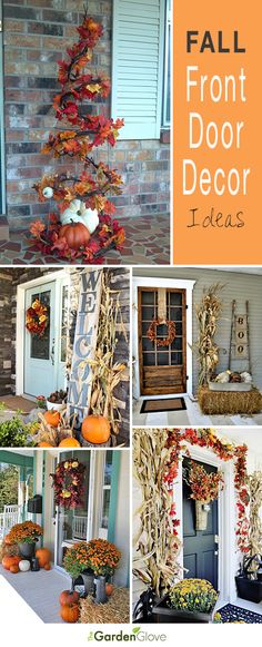 the front door decorated for fall with pumpkins and cornstatches on it