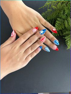 #nails #summernails #prettynails #nailart #naildesign #pinknails #acrylicnails #longnails #frenchtips #frenchnails #chromenails #chrome Funky Fourth Of July Nails, Usa Nails 4th Of July, Memorial Day Nails Acrylic, Red Blue Nails, Blue And Red Nails, Red And Blue Nails, Forth Of July Nails, Fake Nails Summer, Summer Nails French Tip