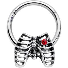 16 Gauge 3/8 Red CZ Gem Heart Skeleton Halloween Hinged Segment Ring Whether you're smitten with skeletons or hungry for love, this 16 gauge septum ring is sure to say it all! It's made with a 10mm durable 316L surgical grade stainless steel hinged circular ring. It features a rib cage charm, with each rib carefully detailed. The rib cage is set with a red cubic zirconia gem heart, adding extra color and style. It also features a non-removable, hinged segment that makes insertion and removal a s Heart Skeleton, Ear Piercings Helix, 2000s Streetwear, Piercing Septum