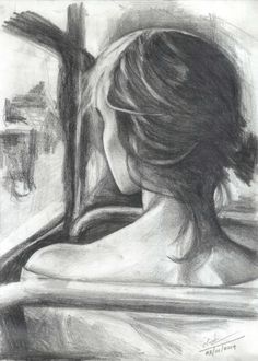 a pencil drawing of a woman looking out the window with her hair blowing in the wind