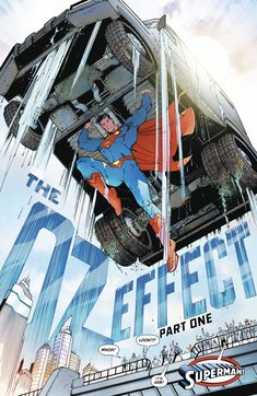 superman flying through the air in front of a cityscape with text that reads, the