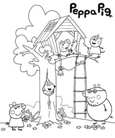 peppa pig coloring page for kids with peppo and his friends in the tree house