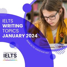 a girl in glasses is writing at a desk with books on it and the words ielts