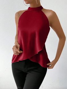 Top de verano para mujer con diseño suelto, cuello halter y dobladillo asimétrico de unicolor Burdeos Casual  sin mangas Tela tricotada Liso Top No-Elástico  Women Clothing, size features are:Bust: ,Length: ,Sleeve Length: Classy Tops For Women Chic, Halter Top Outfit Classy, Statement Blouses, Statement Blouse, Career Fashion, Capes For Women, Plain Tops, Sleeveless Tops, Women Blouses