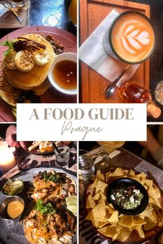 a collage of photos with food and drinks