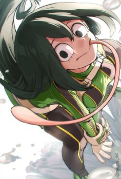 an anime character with long hair and green eyes holding a hula hoop in her hand