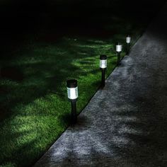 some lights that are on the side of a grass covered path in the night time