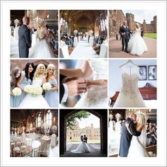 a collage of photos showing the bride and groom