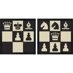 two pieces of black and white chess board with different figures on each side, one king and the other queen