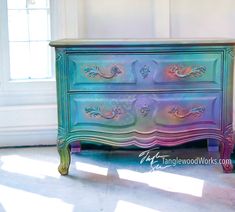 Tanglewood Works Custom Hand Painted Nightstand Fantasy Painted Furniture, Bohemian Painted Furniture Ideas, Neon Painted Furniture, Pastel Painted Furniture, Multicolored Furniture, Dresser Ideas Diy, Bookshelf Refurbish Ideas, Unicorn Spit Furniture, Mermaid Furniture