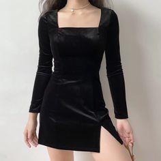 Short One Piece Dress, Boxy Dress, Velvet Dress Short, Fe Clothing, Wine Night, Dress Handmade, Black Short Dress, Black Velvet Dress, Split Dress