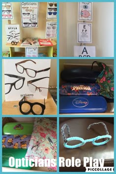 several pictures of glasses and other items on display in front of a sign that says opticians role play