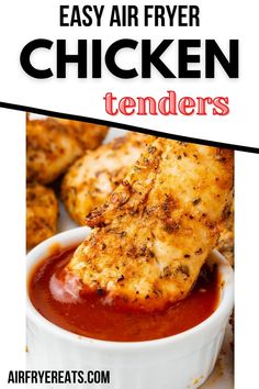 easy air fryer chicken tenders recipe in a white bowl with text overlay