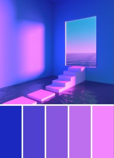 an empty room with stairs leading to the ocean and bright colors in the wall,