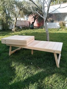 a wooden bench sitting in the grass next to a tree