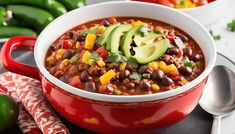 a red bowl filled with chili and avocado sitting on top of a table