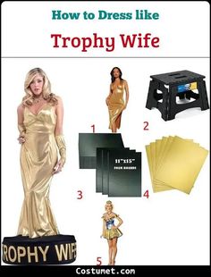 a woman in a gold dress standing next to a table with papers and pictures on it