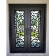 GID Iron wrought double front doors with one panel glass Wrought Iron Double Doors Front Entry, Double Door Entryway Exterior, Double Exterior Doors Front Entry, Iron Door Design Front Entry, Iron Front Door Double, Wrought Iron Entry Doors, Double Front Entry Doors, Wrought Iron Front Door, Double Door Entryway