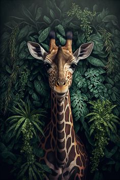 a painting of a giraffe in the middle of some green plants and trees