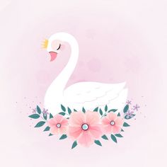 a white swan sitting on top of a pink flower filled field with leaves and flowers