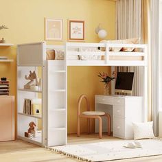 a white loft bed sitting next to a desk in a living room under a window