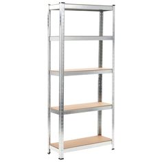 a metal shelving unit with four shelves