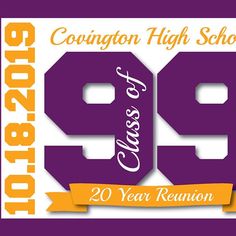 the logo for the class of 29 year reunion is shown in purple and gold with an orange ribbon