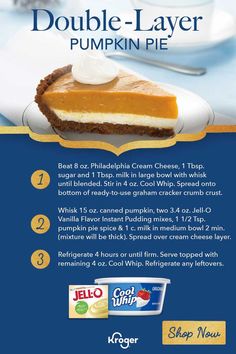 an advertisement for a pumpkin pie is shown in the middle of this poster, with information about how to make it