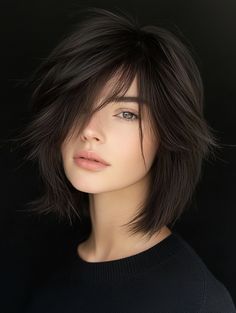 The medium shaggy bob with side-swept bangs is a sophisticated and timeless choice. This hairstyle features a medium length that falls just above the shoulders, with side-swept bangs that add a touch of elegance. It’s an excellent option for those with square face shapes, as the bangs soften the angular features. This style can work with both fine and thick hair, making it a versatile option for many. The side-swept bangs draw attention to the eyes, making it a great choice for those who love to play up their eye makeup. Side Bang Bob Haircut, Short Square Face Haircut, Long Bob With Bangs Thick Hair, Choppy Bob With Side Bangs, Hairstyles Bangs Medium, Thick Side Bangs, Medium Shaggy Bob, Layered Shaggy Bob, Shoulder Length Haircut