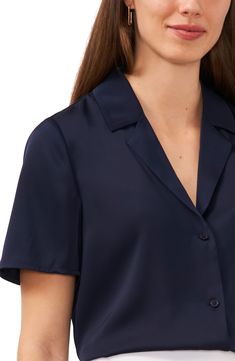 A boxy silhouette creates a relaxed fit in a button-up camp shirt complete with short sleeves and a classic notched collar. 24 1/2" length (size Medium) Notched collar Short sleeves 100% polyester Machine wash, tumble dry Imported Navy Button Up, Camp Shirt, Notched Collar, Short Sleeve Button Up, Camping Shirt, Fit In, Outfit Ideas, Button Up, Short Sleeves